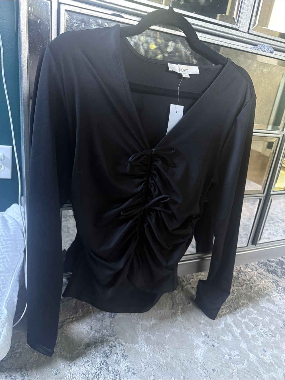 LOFT Black Ruched V-Neck Long Sleeve Top